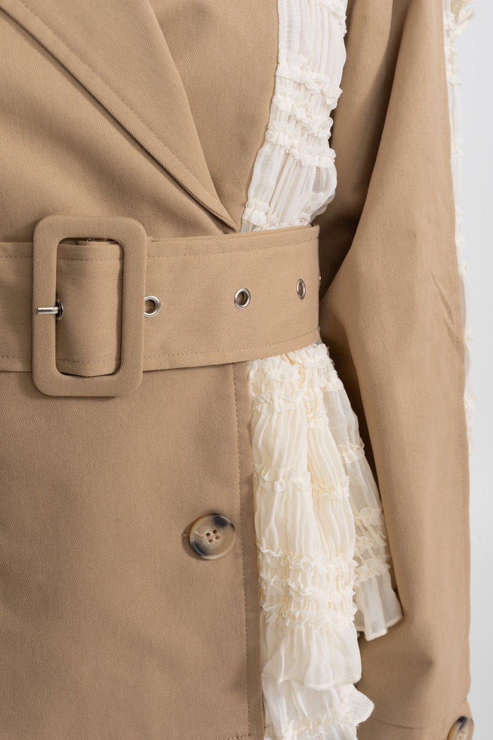 Lace Panel Trench Jacket With Belt – Beige