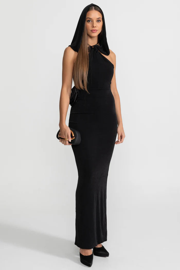Silhouette Maxi Dress with Draped Hood and Side Rosette - Black