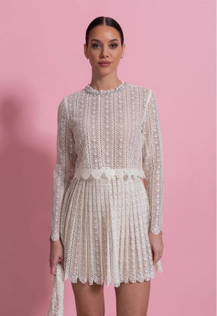 Lace Mini Dress With High Neck And Pleated Skirt - Ivory