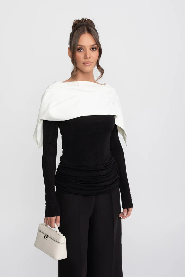 Ruched Wrap Top With Contrasting Cape And Trouser Ensemble - Black