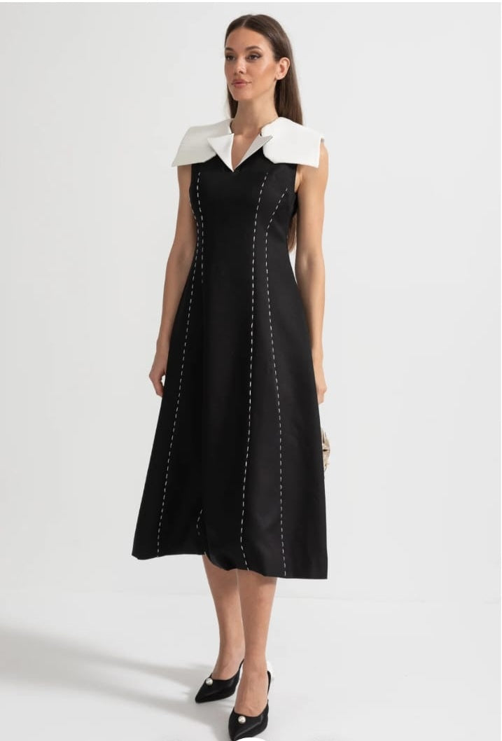Contrasting Stitch Sleeveless Midi Dress With Oversized White Shoulders - Black