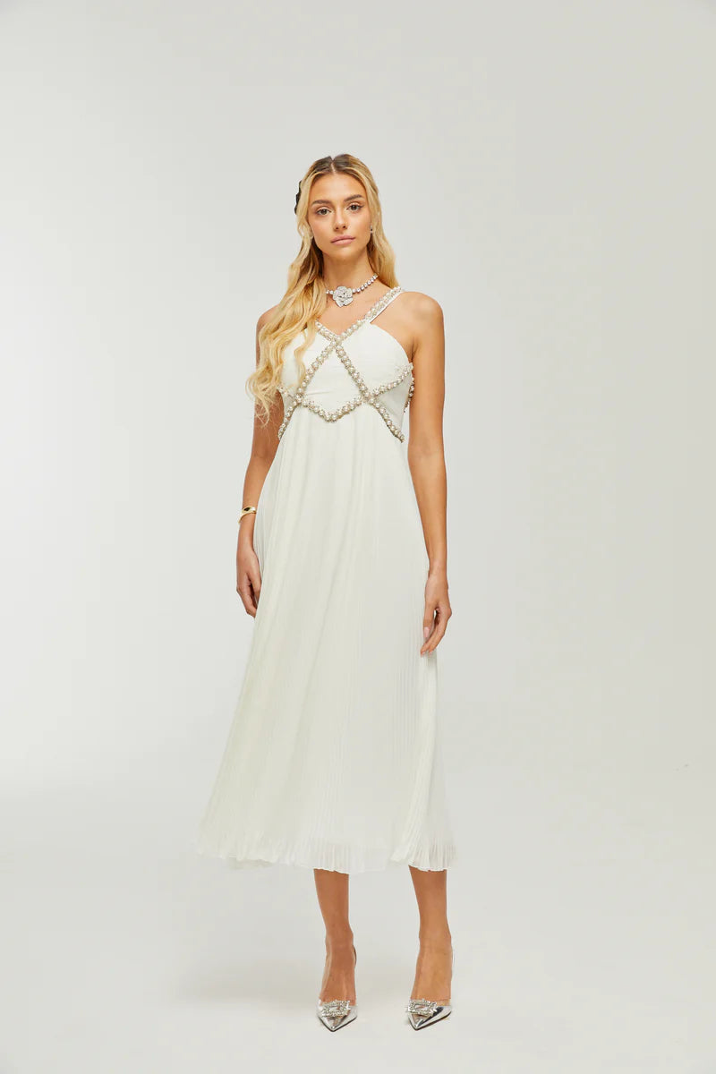 Hermine V-neck faux-pearl embellished midi dress