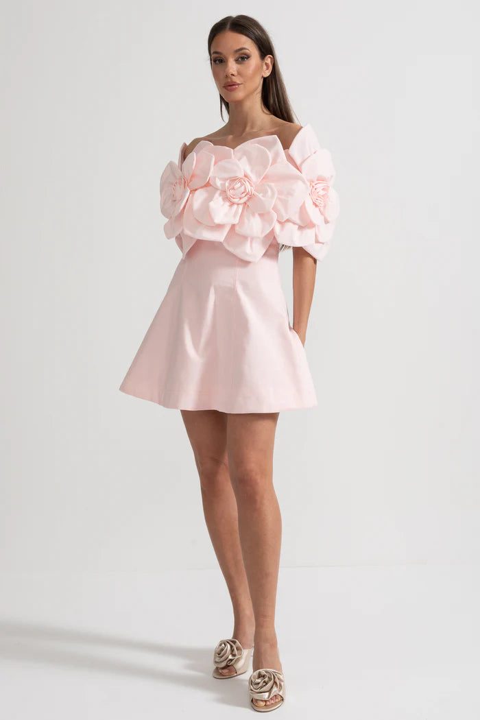Off-Shoulder Mini Dress With Large Fabric Floral Accents