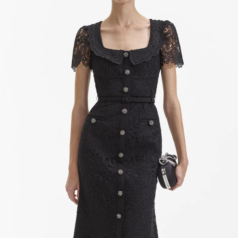 BLACK GUIPURE LACE BUTTON MIDI DRESS