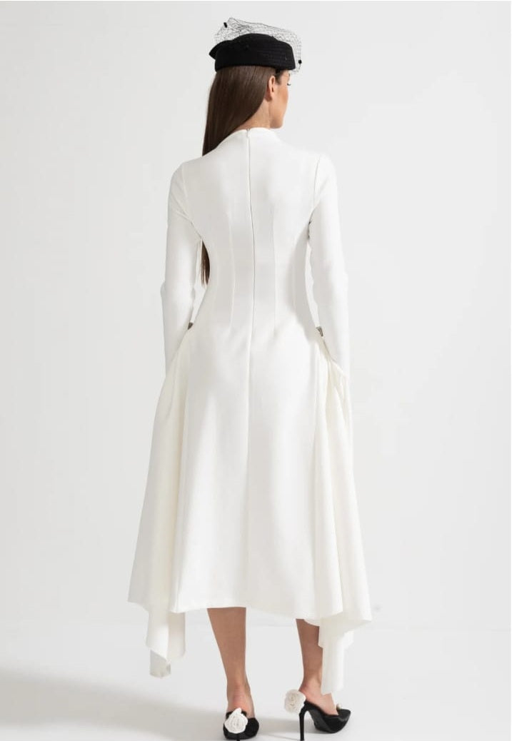 Long-Sleeved Dress With Asymmetrical Hem And Structured Silhouette - White