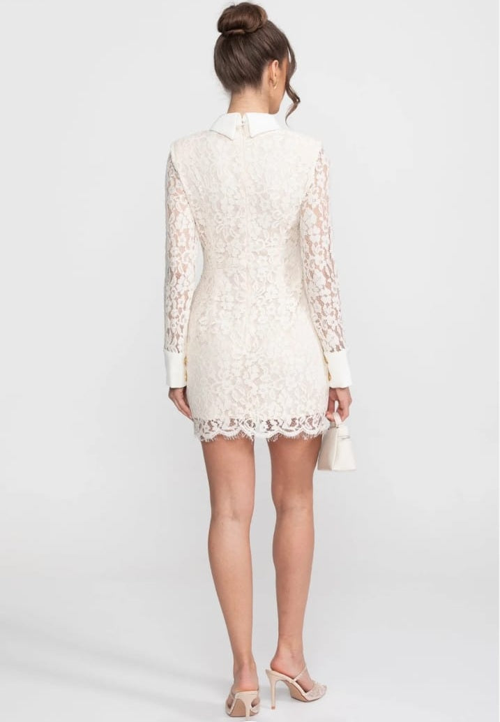 Long Sleeved Lace Mini Dress With Scallop Hem - Ivoire