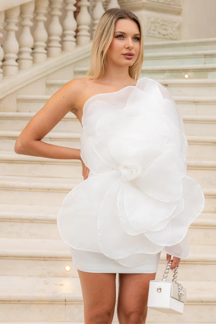 3D Voluminous Organza Floral Mini Dress - White
