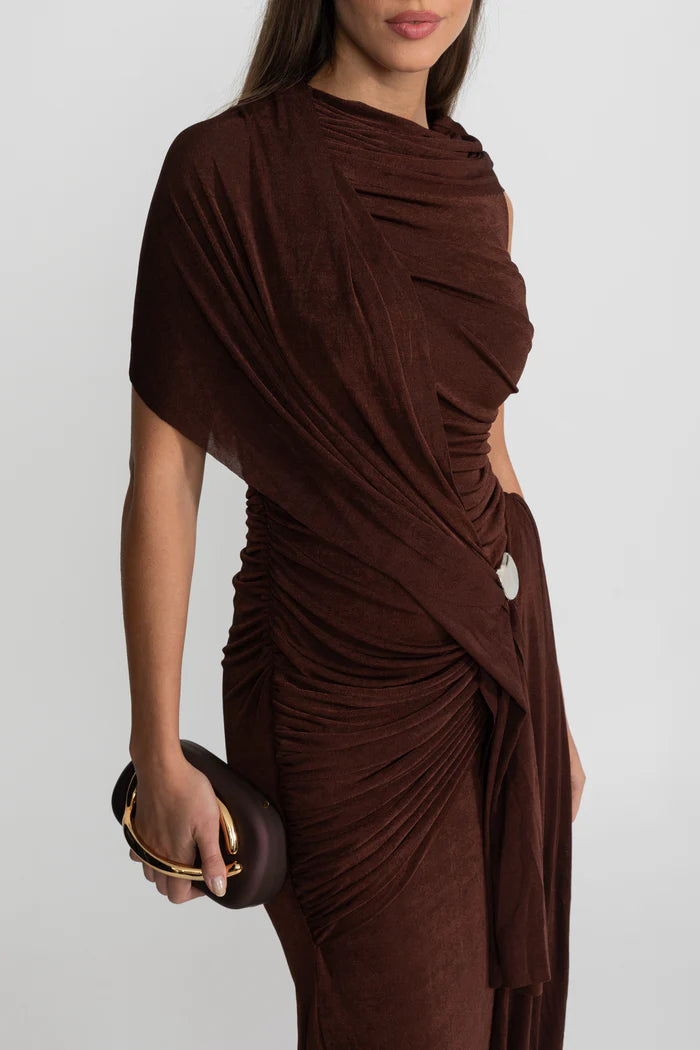 Draped Jersey Maxi Dress with Shoulder Scarf Detail - Brown