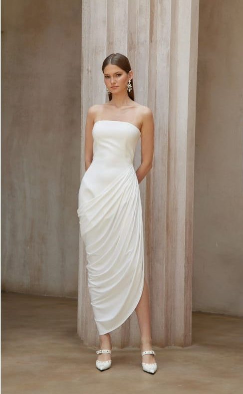 Wanda White Asymmetrical Ruched Midi Dress