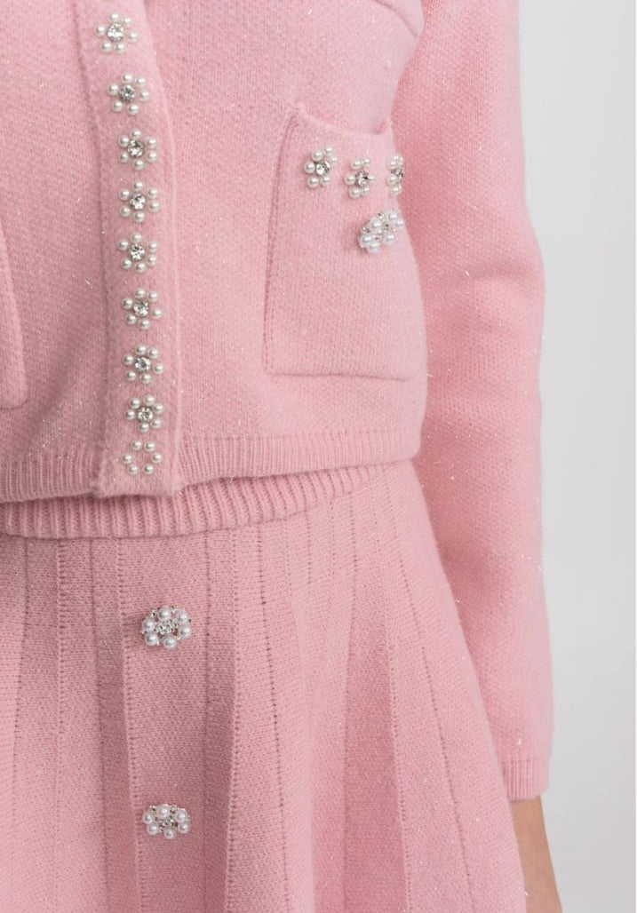 Knit Co-Ord Set With Long Sleeve Cardigan And Matching Mini Skirt - Blush Pink