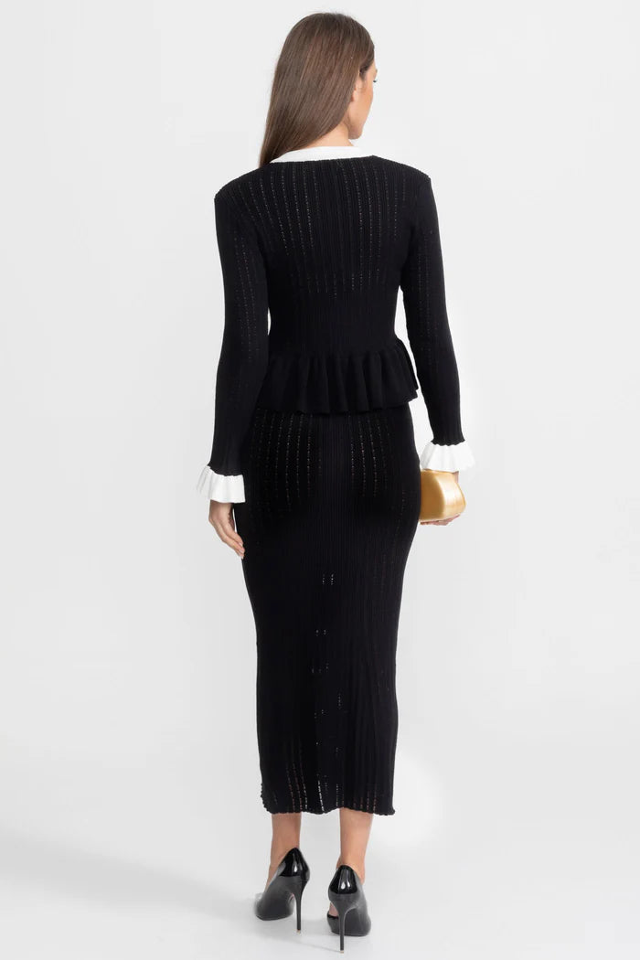 Pointelle Knit Midi Co-Ord with Contrast Trim – Black