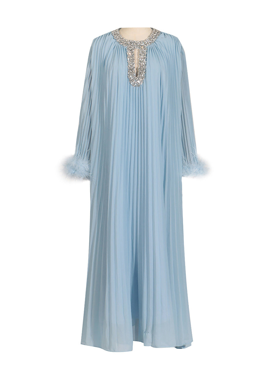 Ostrich Feather Patchwork Solid Color Dress