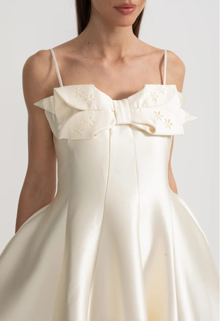 Midi Satin Dress With Fitted Bodice, Delicate Thin Straps And Bow Accent - Ivoire