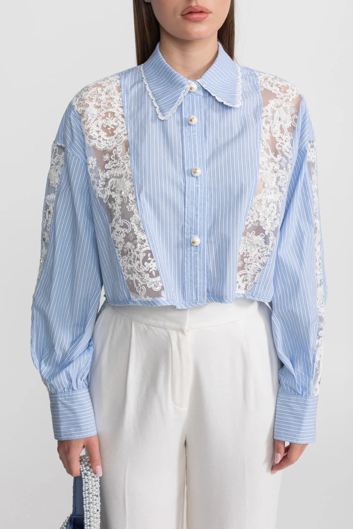 triped Cotton and Lace Panel Shirt – Light Blue