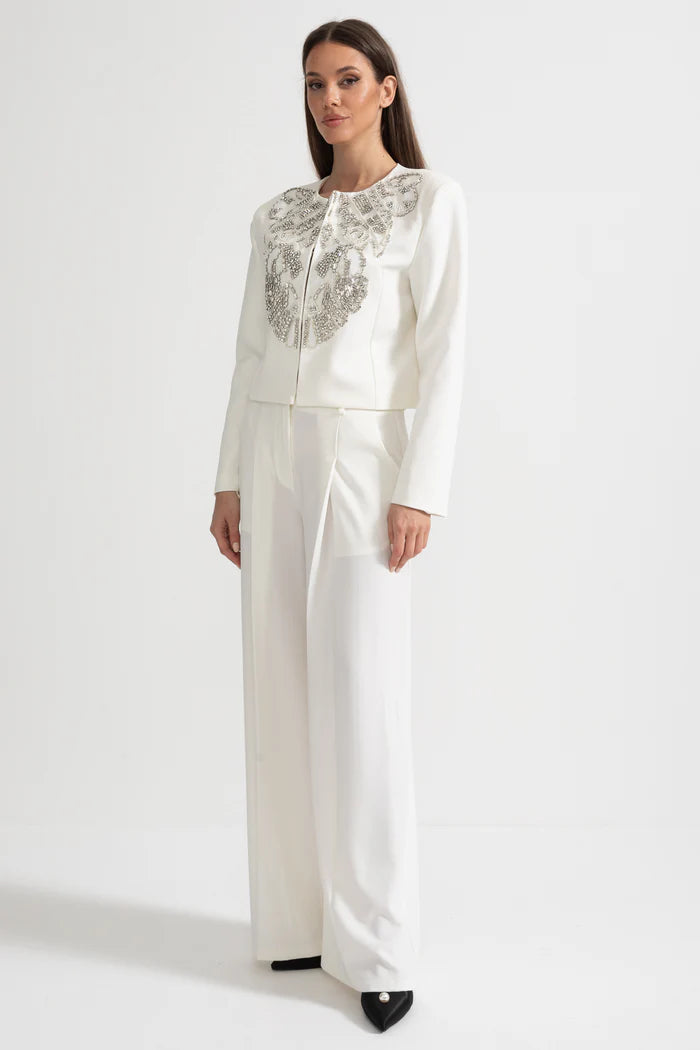 Embellished Jacket and Wide-Leg Trousers Co-Ord Set with Ornate Beadwork - White