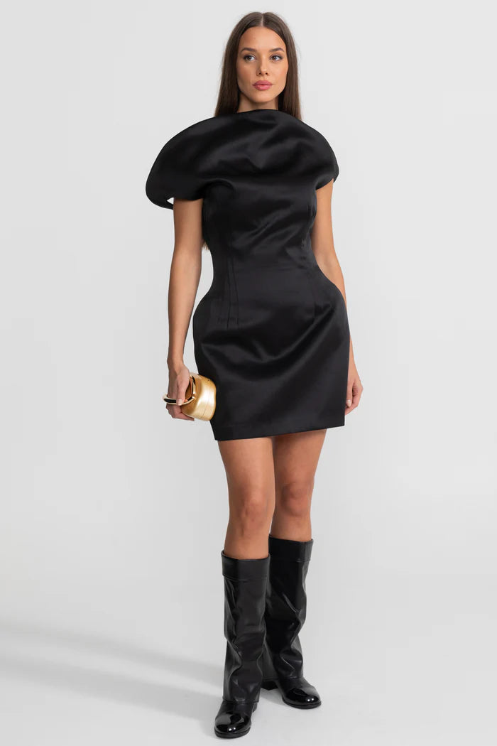 Satin Mini Dress with Sculptural Shoulder Detail - Black