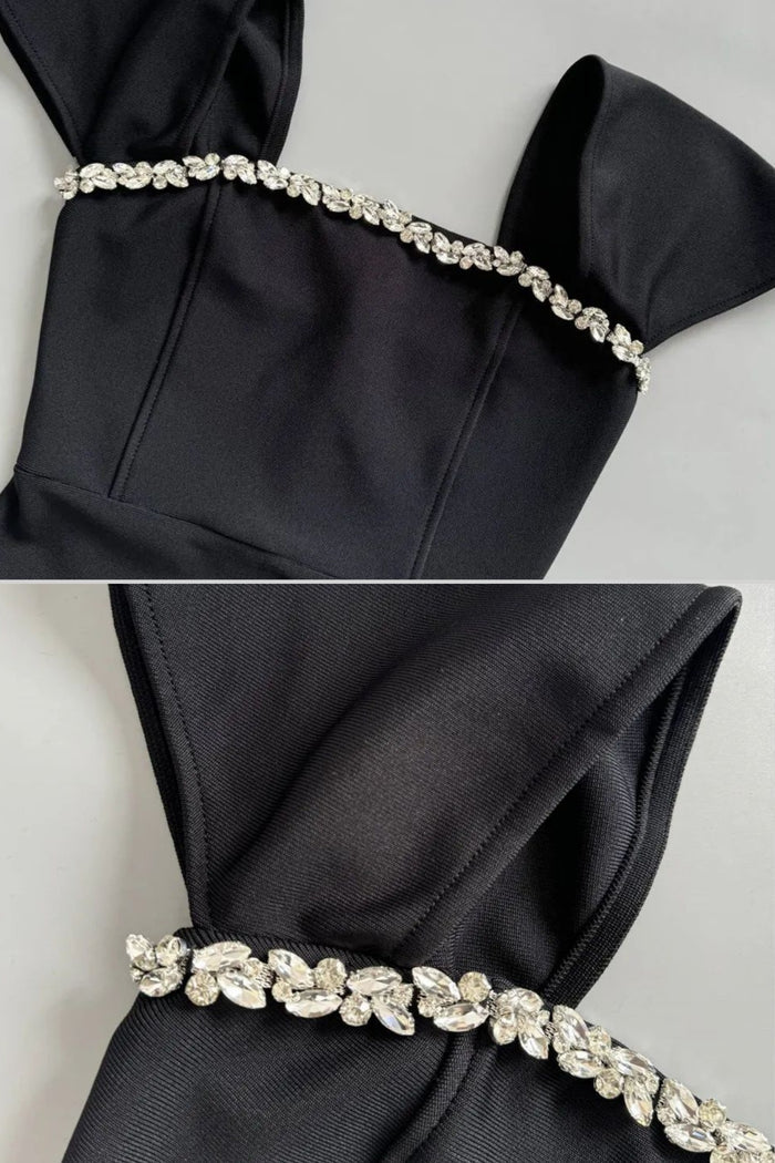 Off-Shoulder Fitted Gown With Crystal Embellishments – Black
