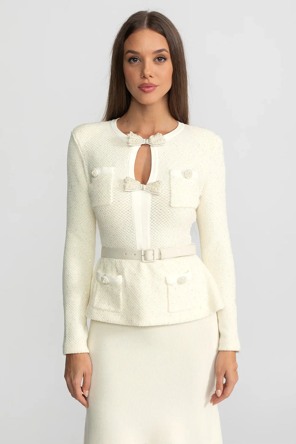 Tweed Peplum Knit Midi Dress – Ivoire