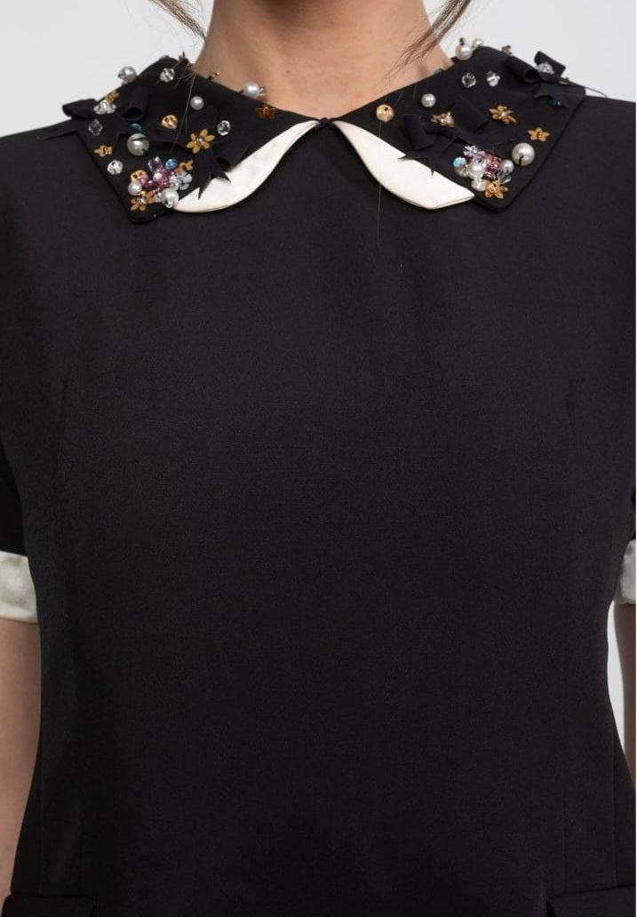 Mini Dress With Crystal-Embellished Peter Pan Collar And Jewel Cuffs - Black