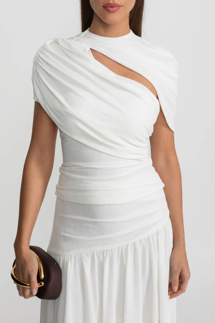 Asymmetric Jersey Co-Ord with Draped Shoulder and Cutout Detail - White