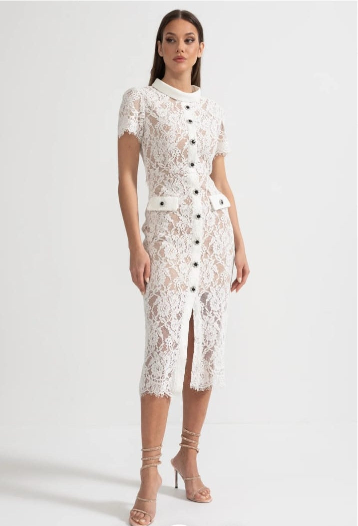 Elegant Short Sleeve Lace Dress With Matching Waist Belt - White