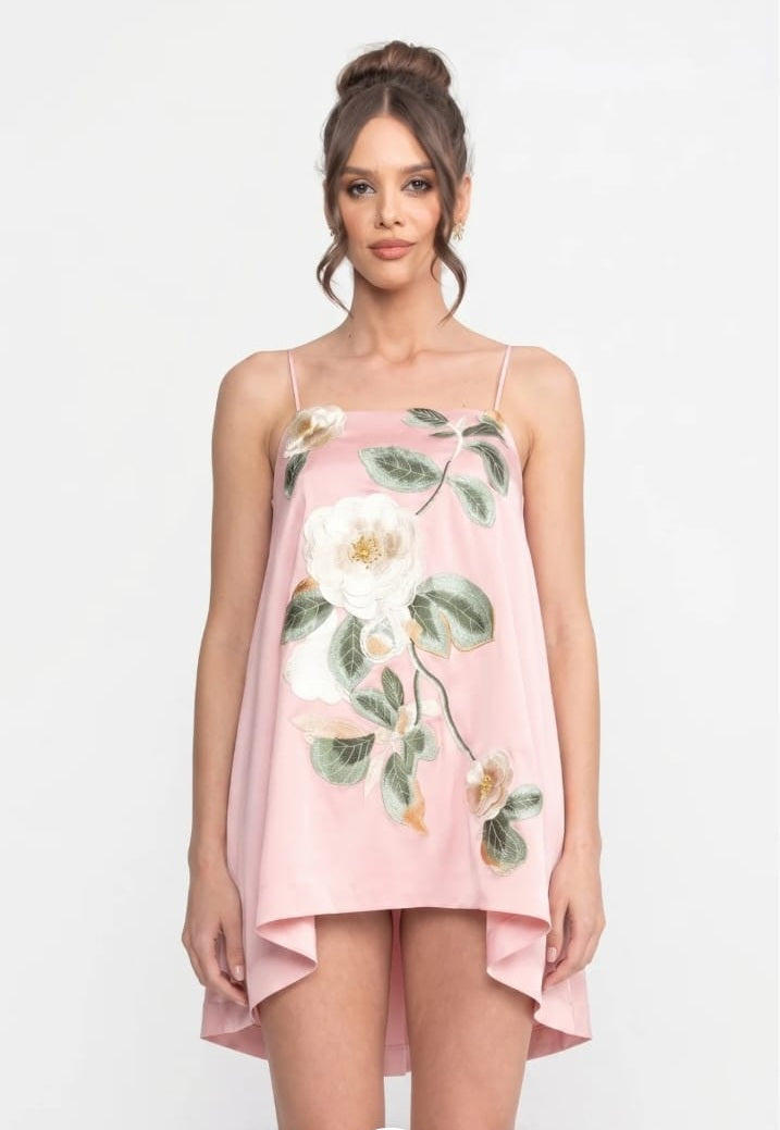 Spaghetti-Strap Mini Dress With 3D Floral Appliqué And A-Line Skirt - Pink