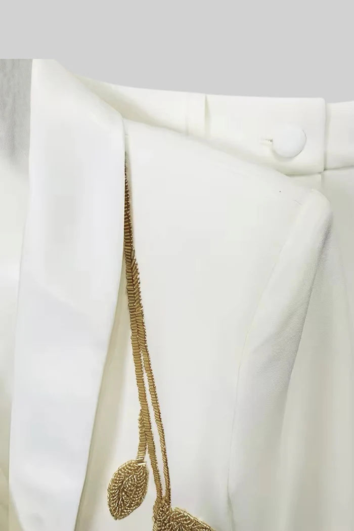 Luxurious Tailored Gilded Leaf Embroidered Blazer & Pants - White