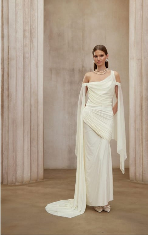 Aurianne White Asymmetrical Draped Maxi Dress