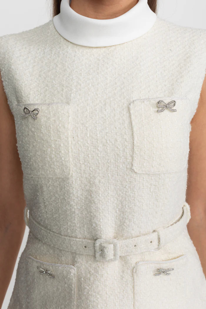 Sleeveless Textured Midi Dress with Pleated Chiffon Skirt – Ivoire