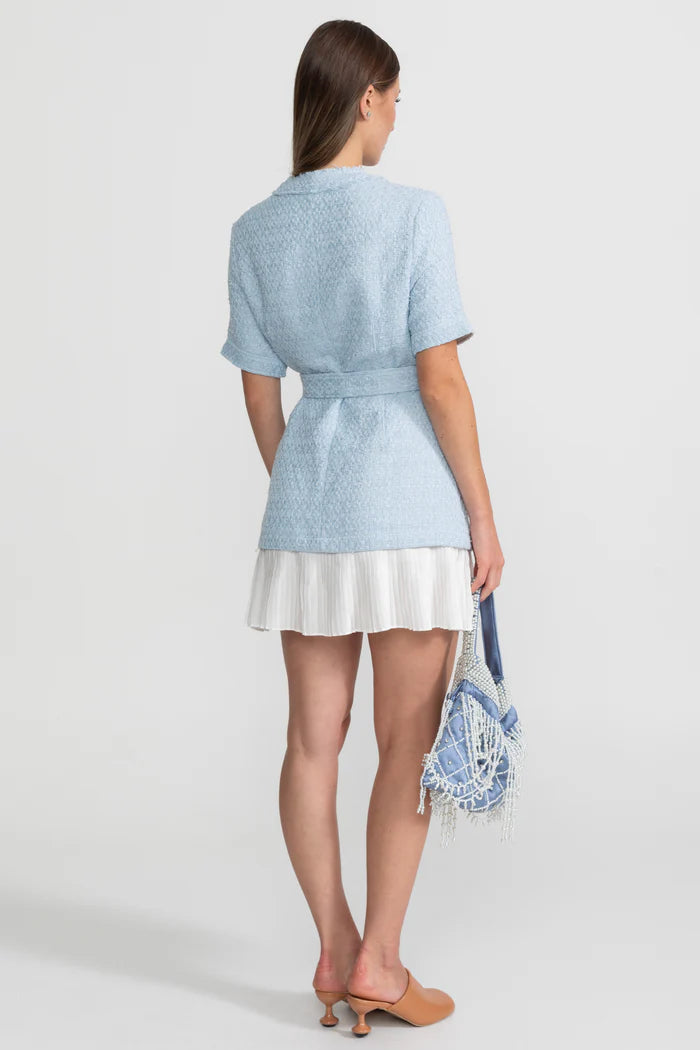 Belted Tweed Jacket Dress With White Pleated Hem – Powder Blue