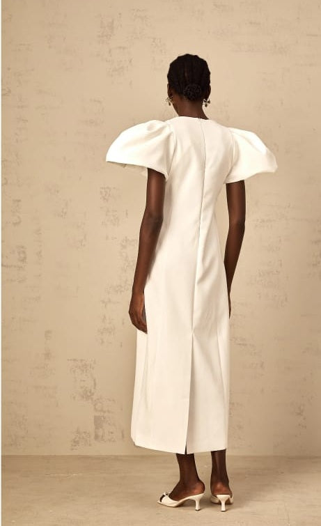 Irène White Sequin Floral Embroidered Midi Dress