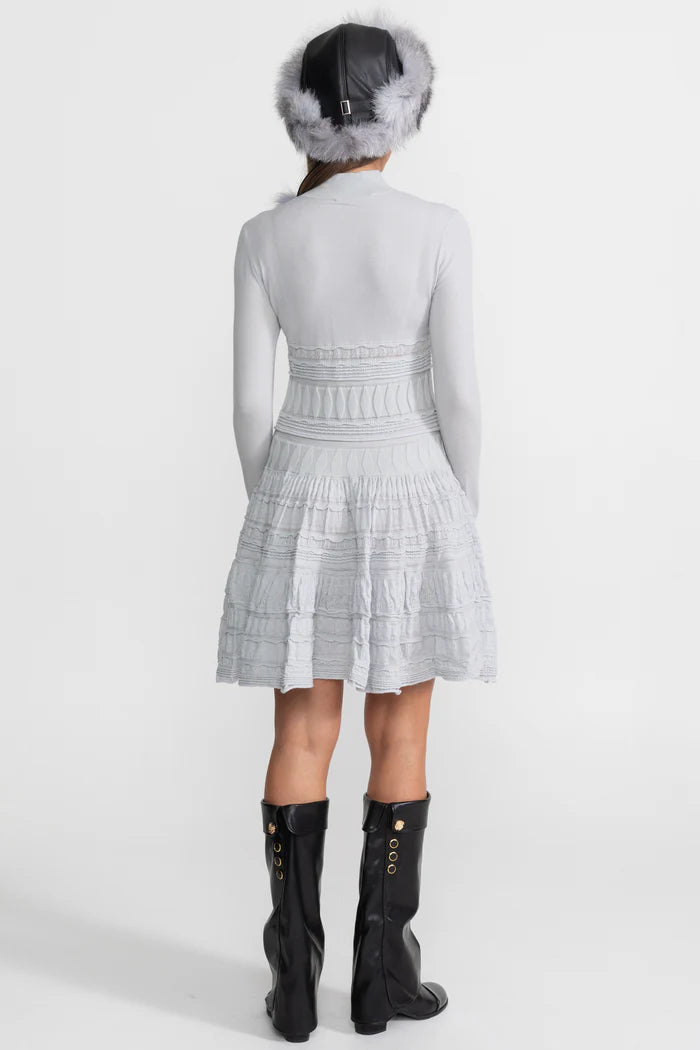 Textured Knit Mini Dress with Flared Skirt - Light Gray