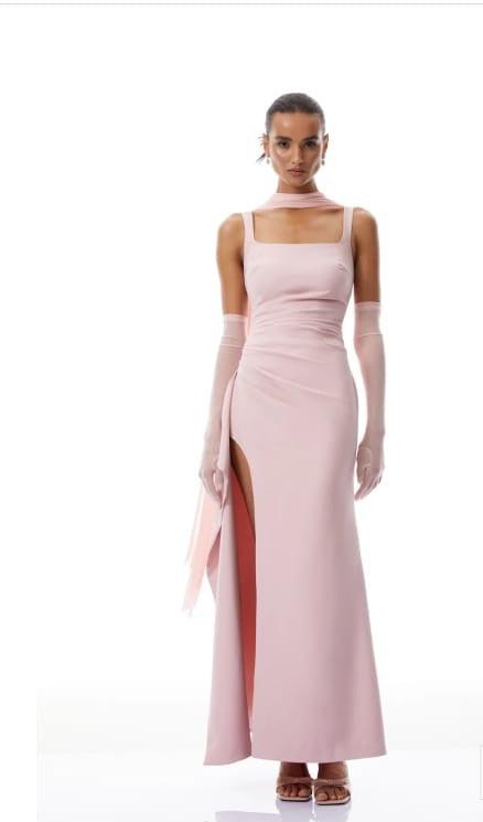 Ophélie Pink Scarf Detail Gathered Maxi Dress