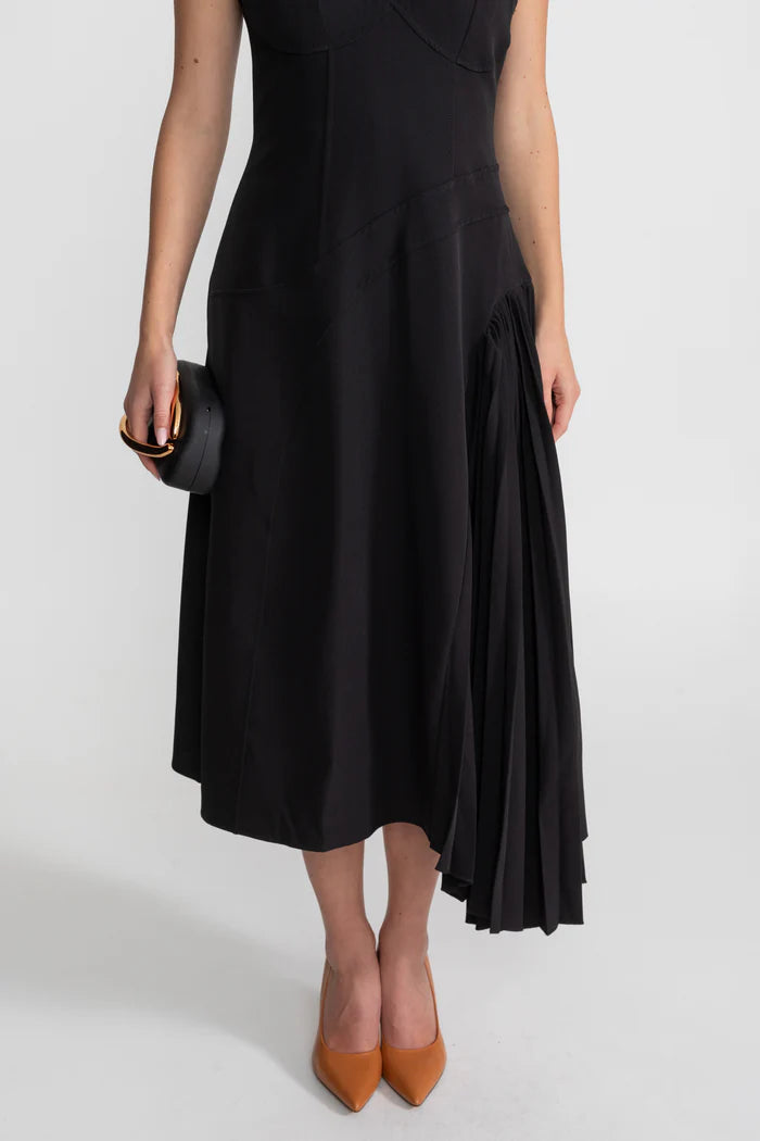 Pleated Halter Midi Dress With Keyhole Detail - Black