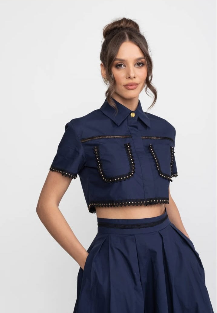 Broderie-Trim Cropped Shirt And Midi Skirt Co-Ord Set - Navy