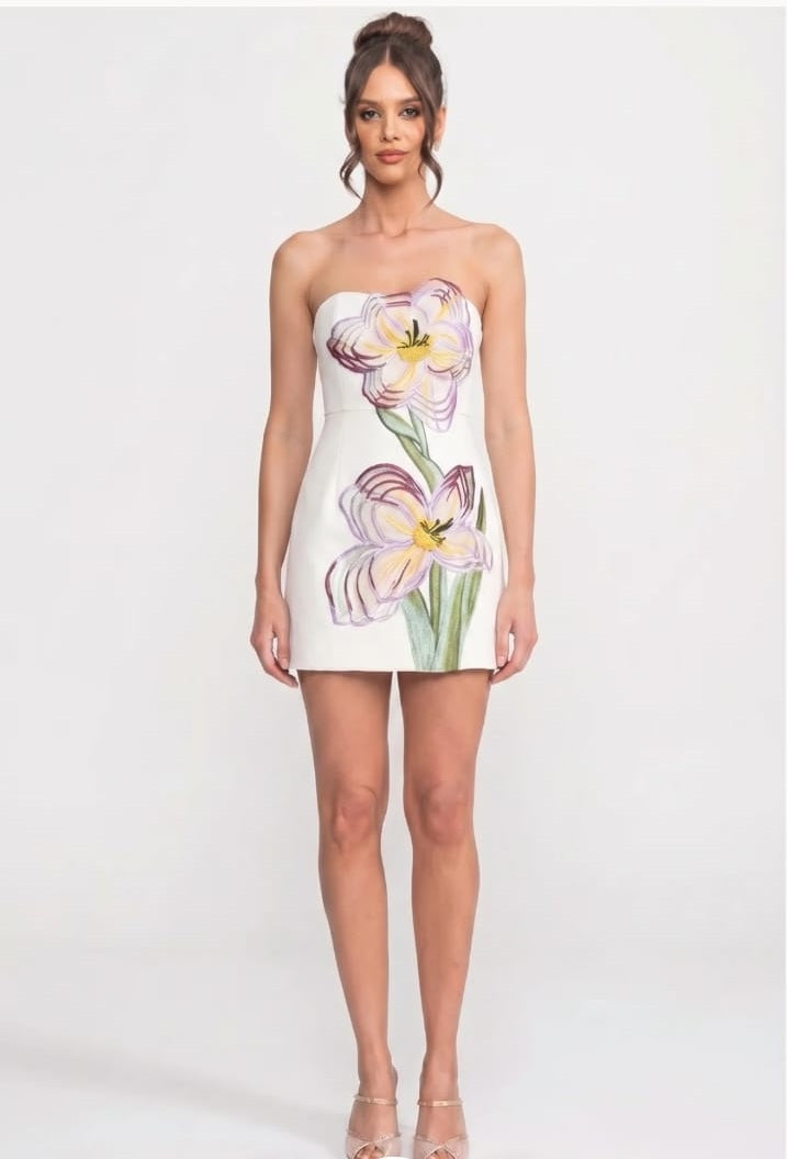 Strapless Mini Dress With 3D Iris Floral Appliqué - White
