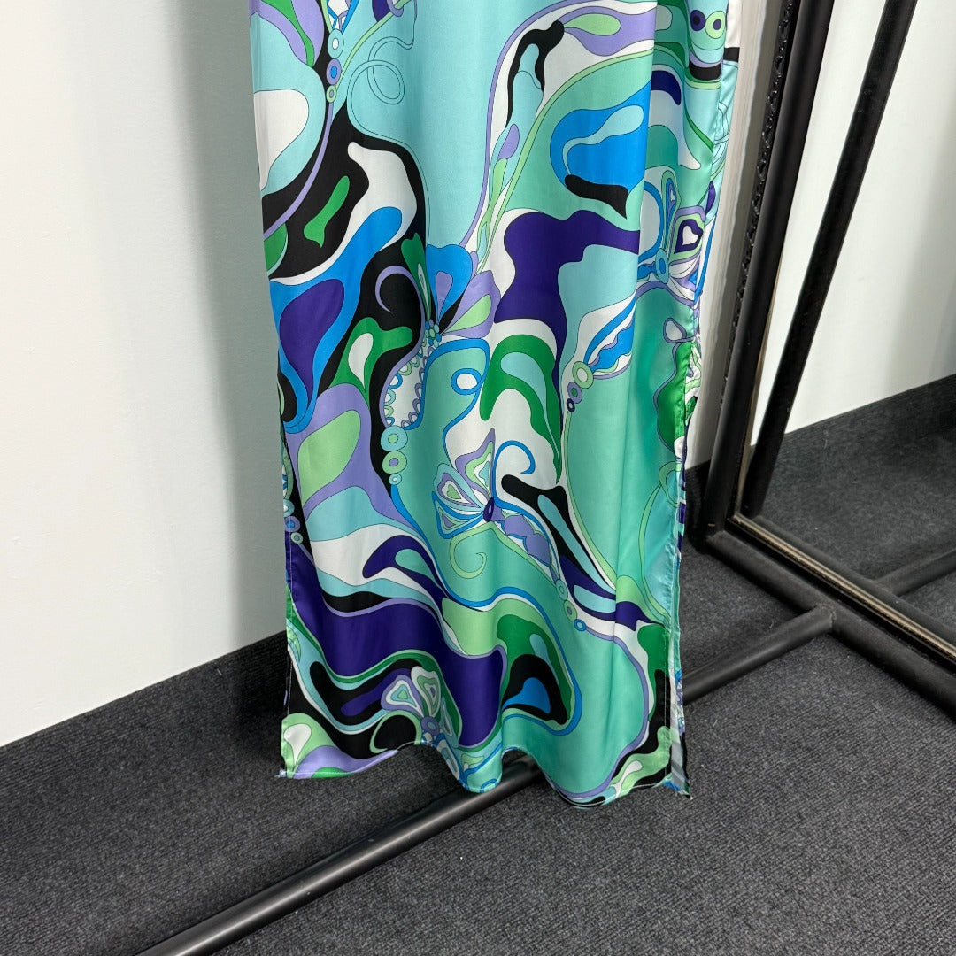 Printed Hem Slit Suspender Dress
