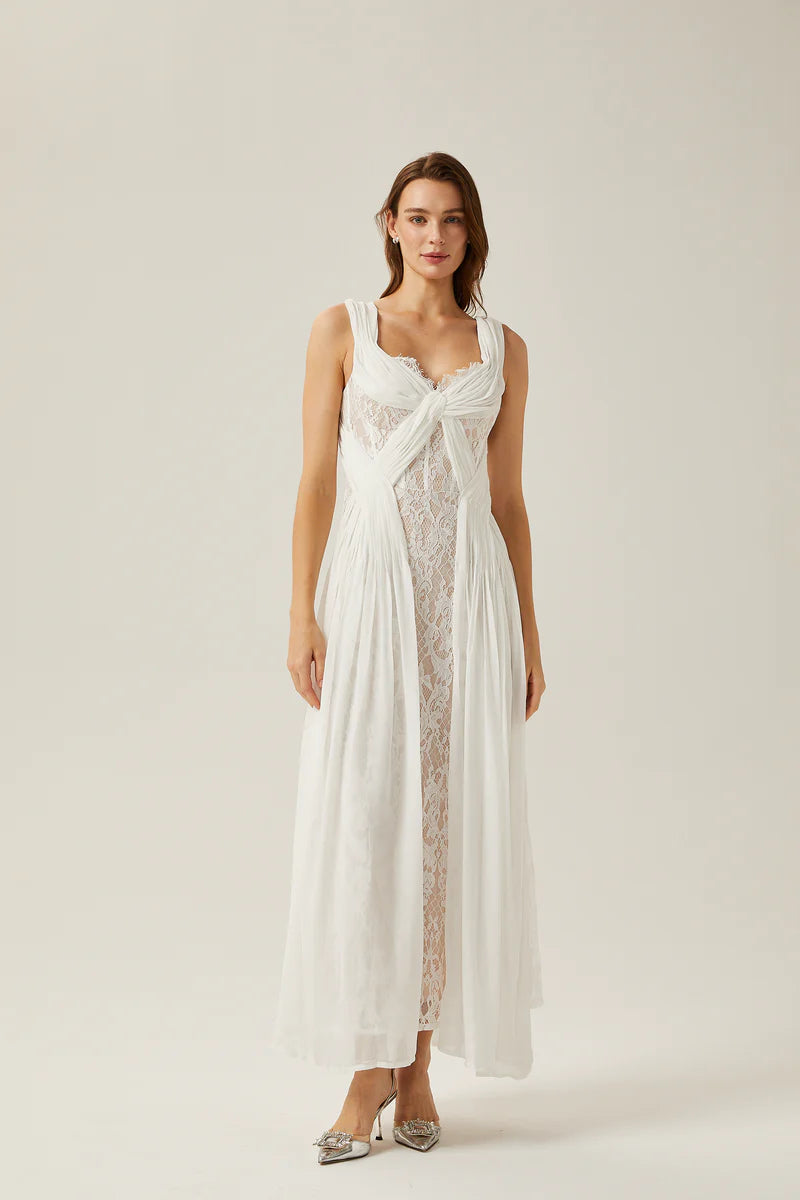 Robe maxi plissée en dentelle blanche Arantxa