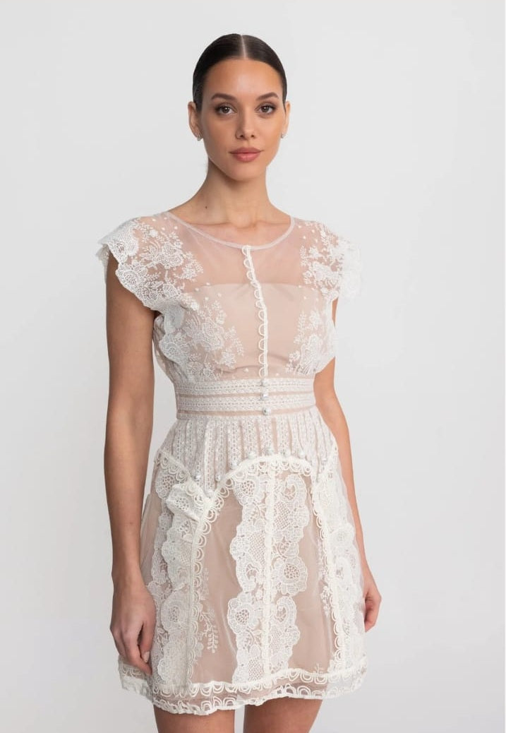 Cap Sleeve Mini Dress With Sheer Yoke And Pearl Button Detail - Ivoire
