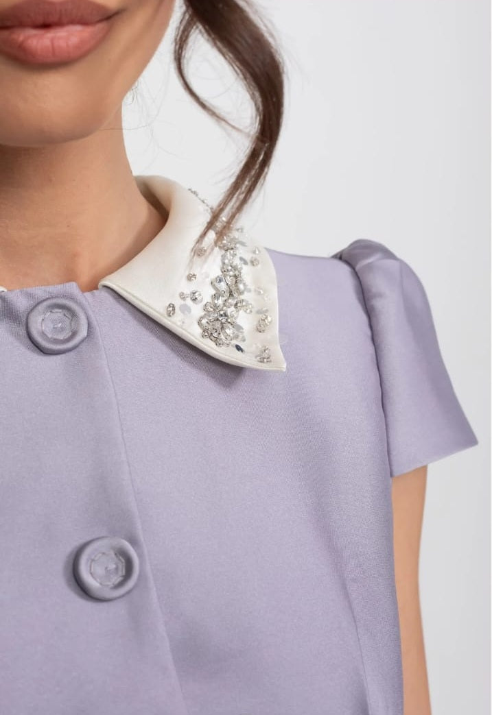 Satin Mini Dress With Crystal Peter Pan Collar And Bow Waist - Lilac