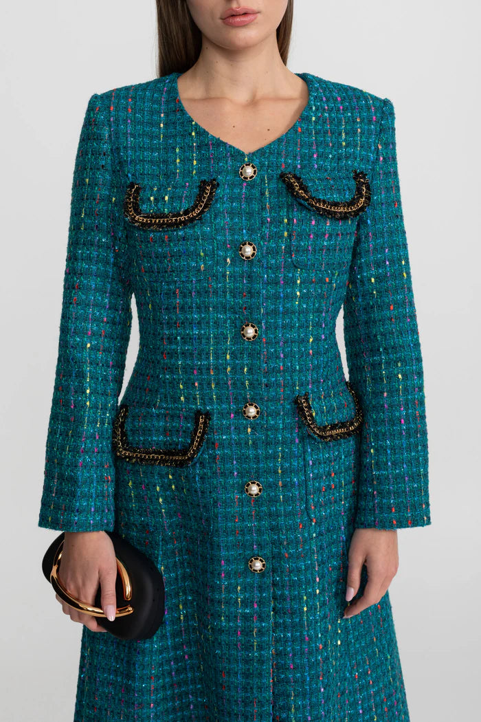 Embellished Tweed Midi Dress With Structured Shoulders – Teal