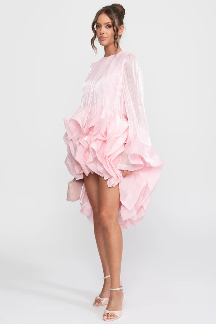 Asymmetric Ruffle Hem Mini Dress With Satin Finish - Pink