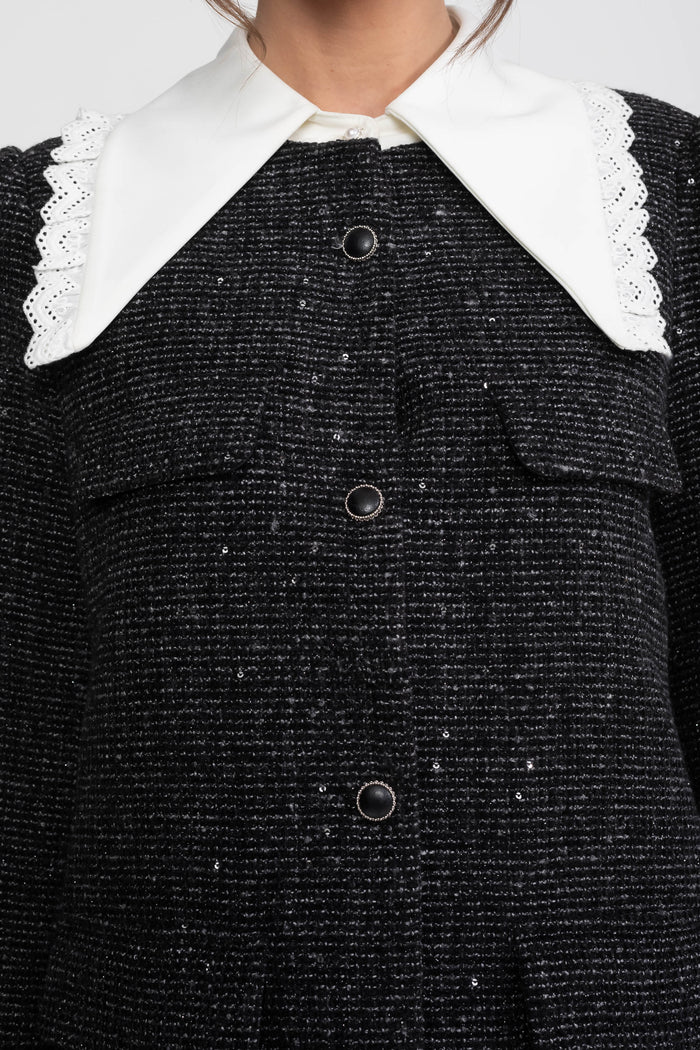 Bouclé Tweed Mini Dress With Lace-Trim Collar And Ruffle Hem - Charcoal