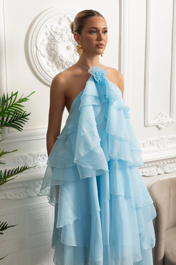 Halter Tiered Ruffle Maxi Dress - Sky Blue