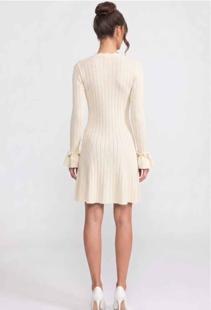 Long-Sleeve V-Neck Knit Mini Dress With Ruffle Hem And Bow Cuffs - Ivoire