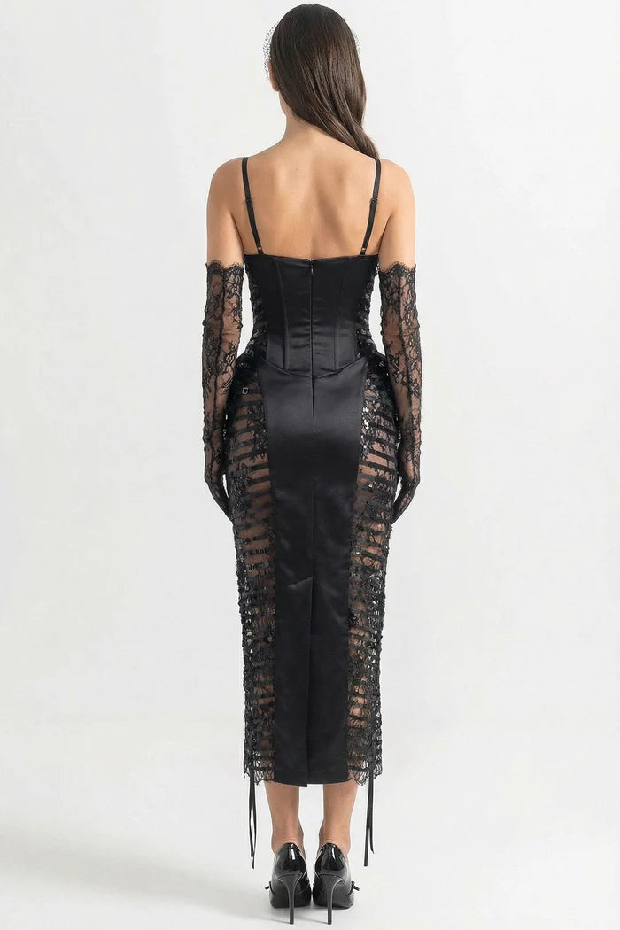 Lace-Trim Midi Dress With Sequin Sheer Side Panels - Black