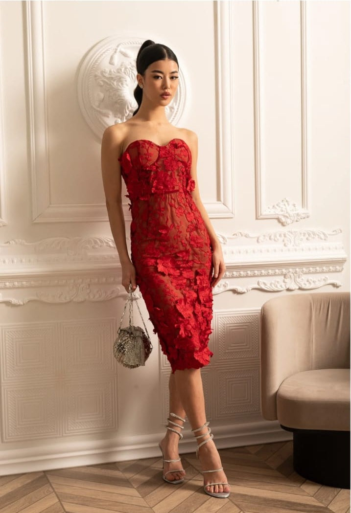 Bloßes gestickeltes Kleid mit kompliziertem Blumenmuster - rot