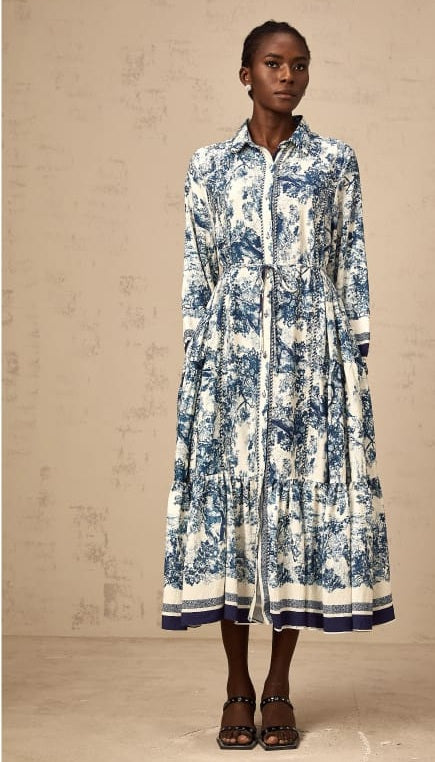 Adélaïde Graphic-Print Midi Kleid in Blau