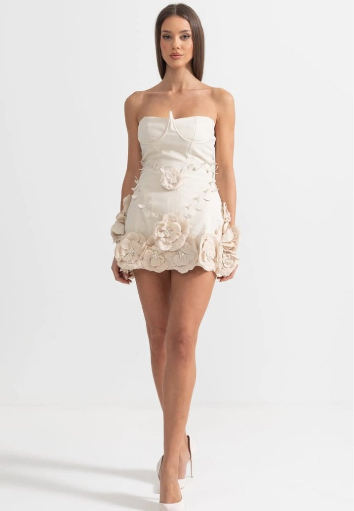 New Bustier Dress With 3D Floral Appliqués - Ivoire