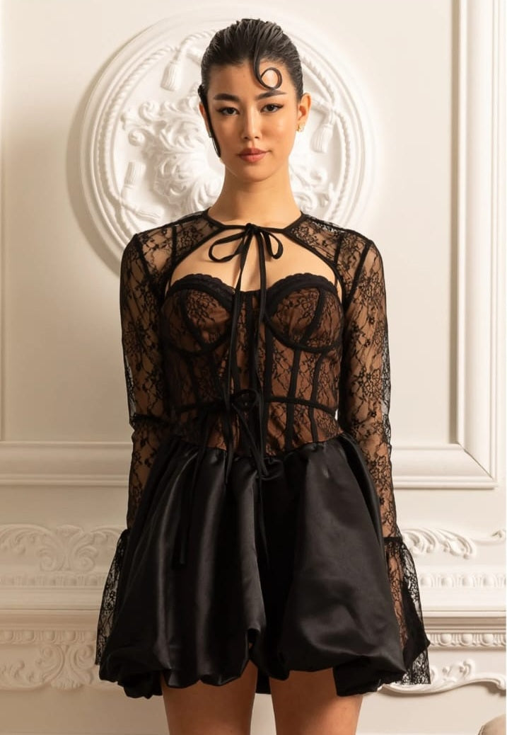 LACE CORSET MINI DRESS WITH RIBBON TIE NECKLINE - BLACK